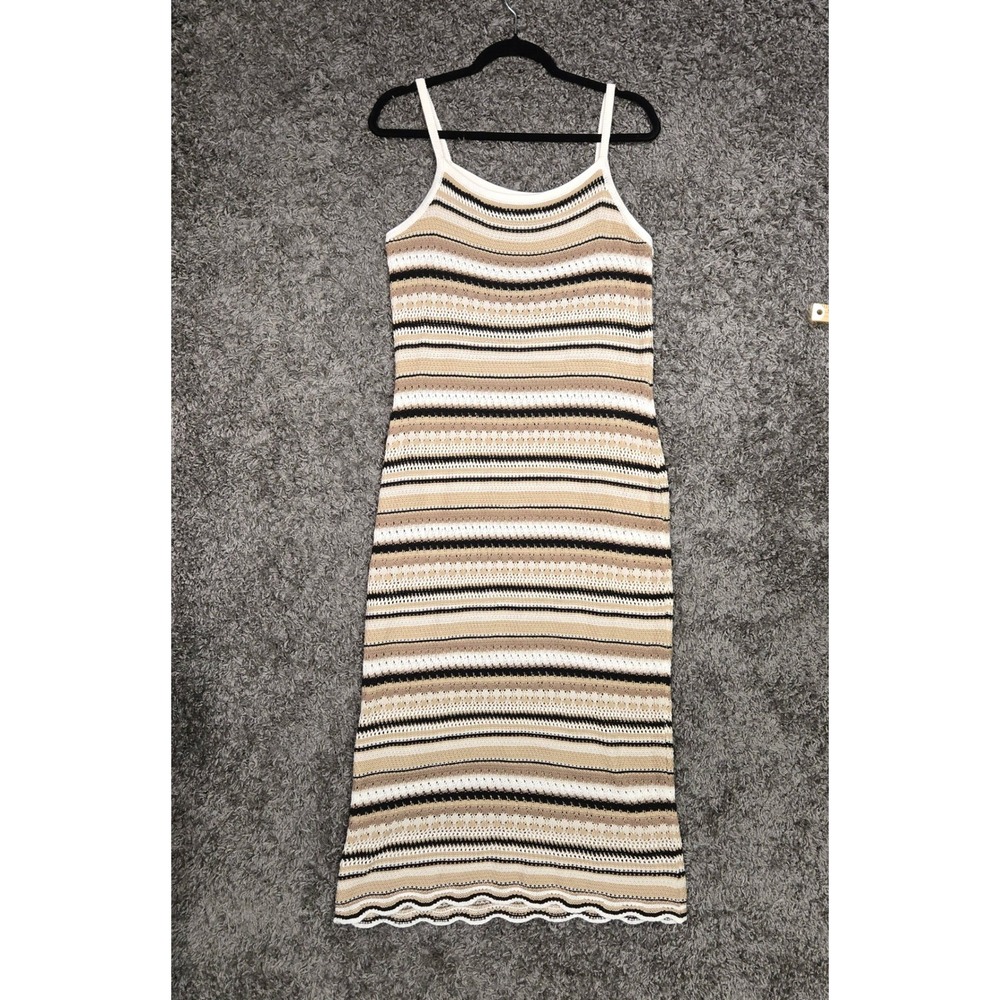 Festival Beachy Maxi Dress Womens XL Brown Striped Crochet Knit Scoop Neck Boho‎